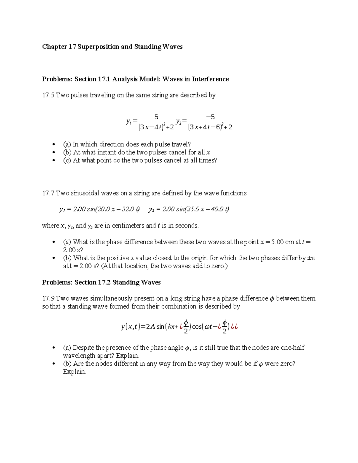 Problems in PHYS 206 - Ch 17: Superposition & Standing Waves - Studocu