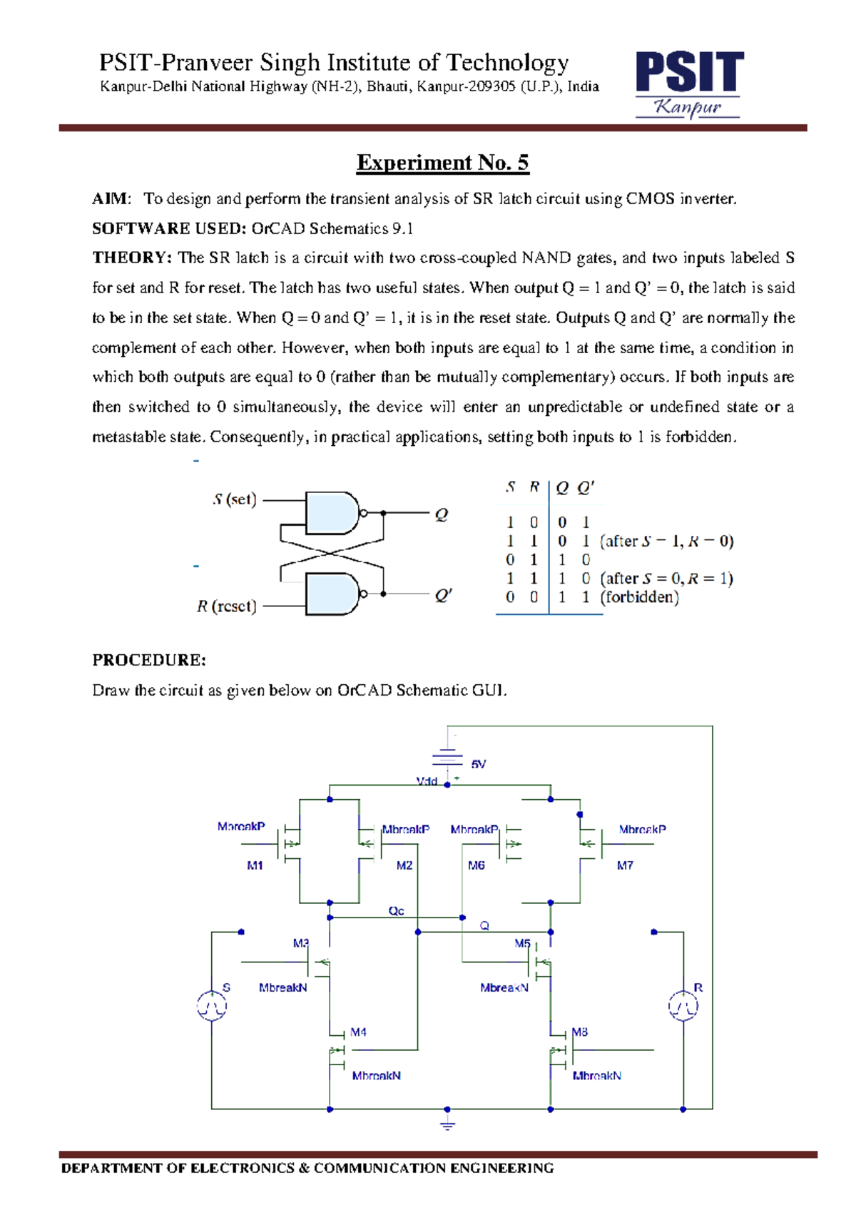 Transient Analysis of SR Latch Circuit Using CMOS Inverter (KEC-653 ...
