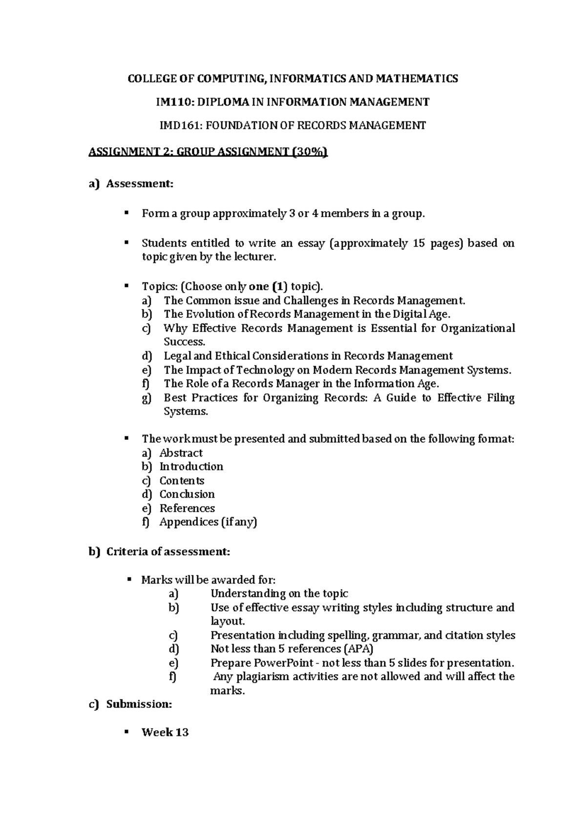 Guideline Group Assignment Essay - COLLEGE OF COMPUTING, INFORMATICS ...