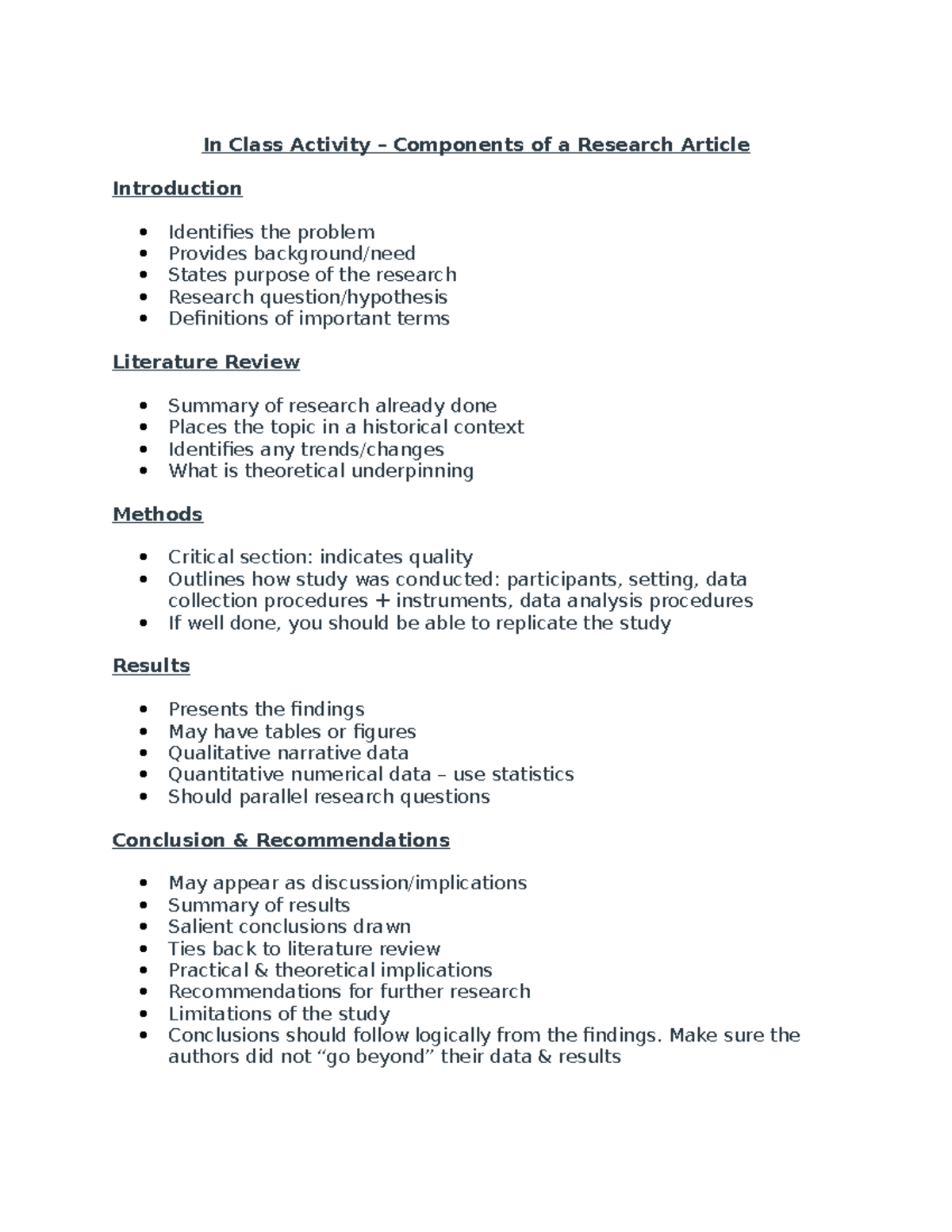 In Class Activity- Components of a Research Article - In Class Activity ...