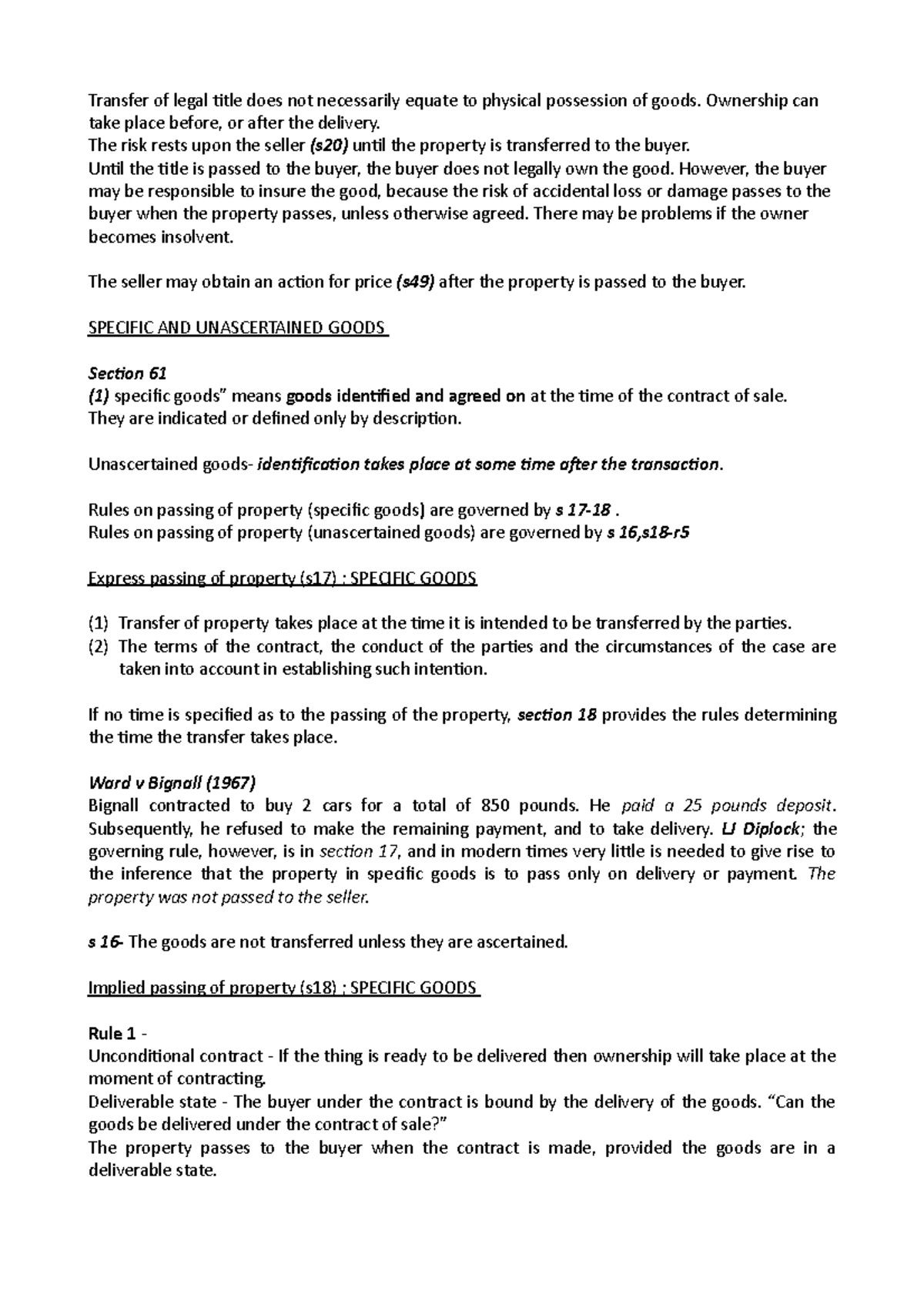 first class - commercial law; Passing of property notes - Transfer of ...