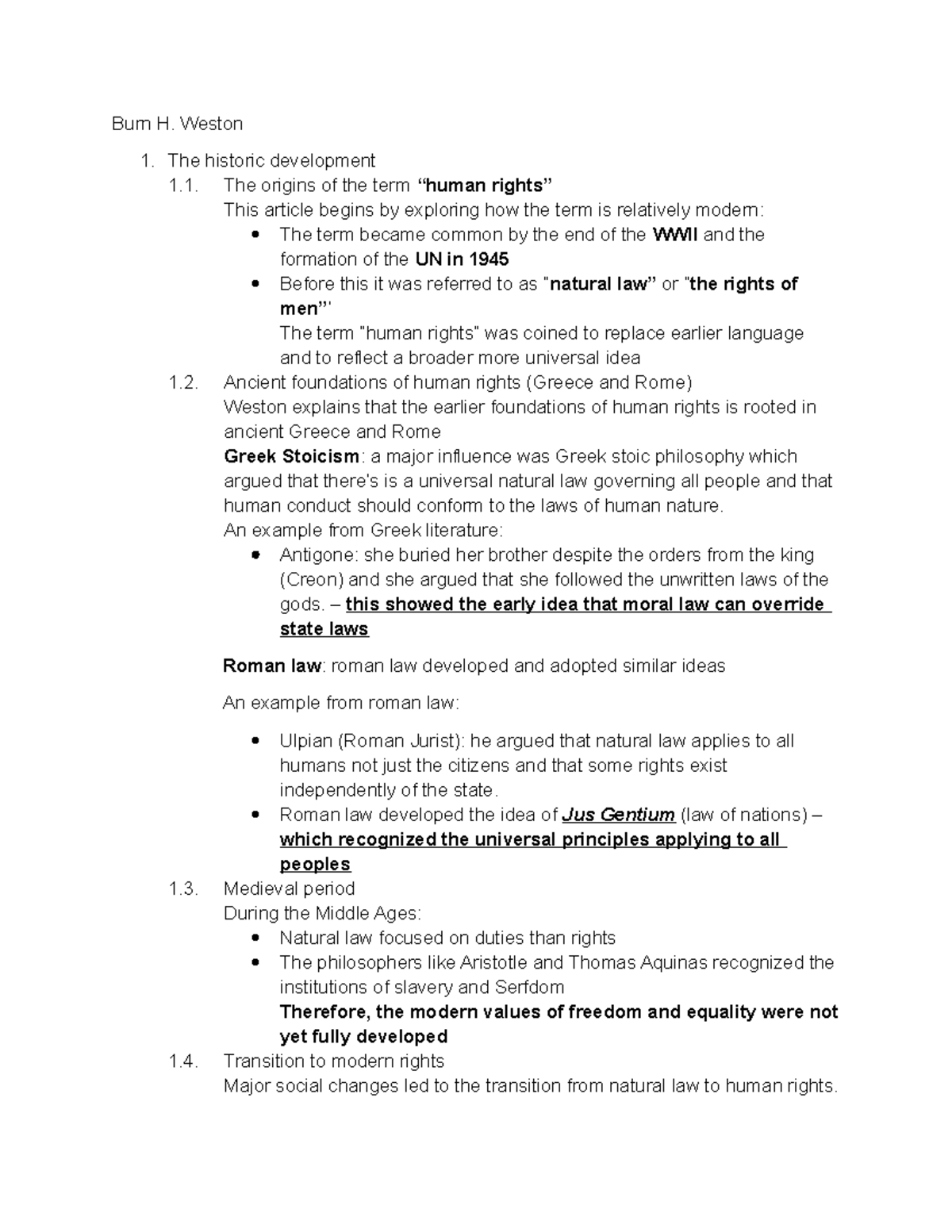 Burn H. Weston: The Evolution of Human Rights Concepts - Studocu