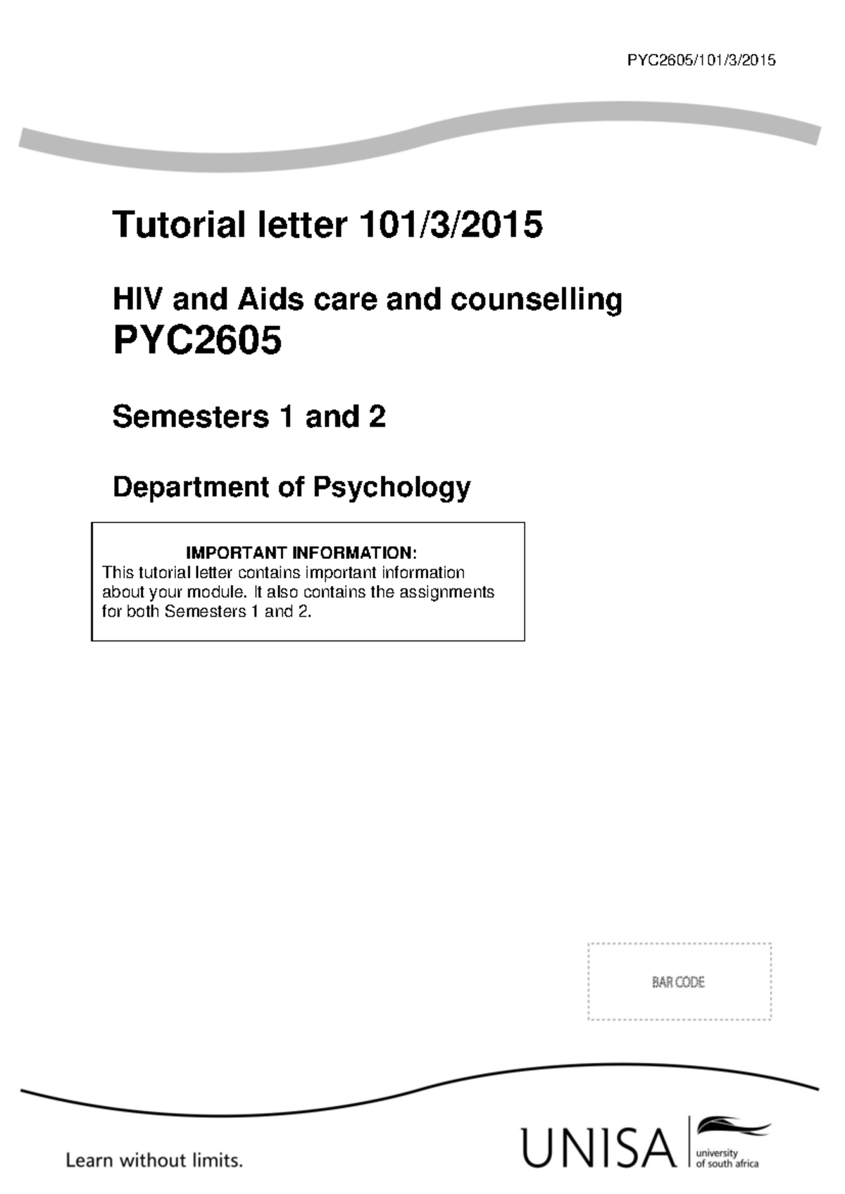 PYC 2605 - HIV and Aids Care: Tutorial Letter 101 Overview - Studocu