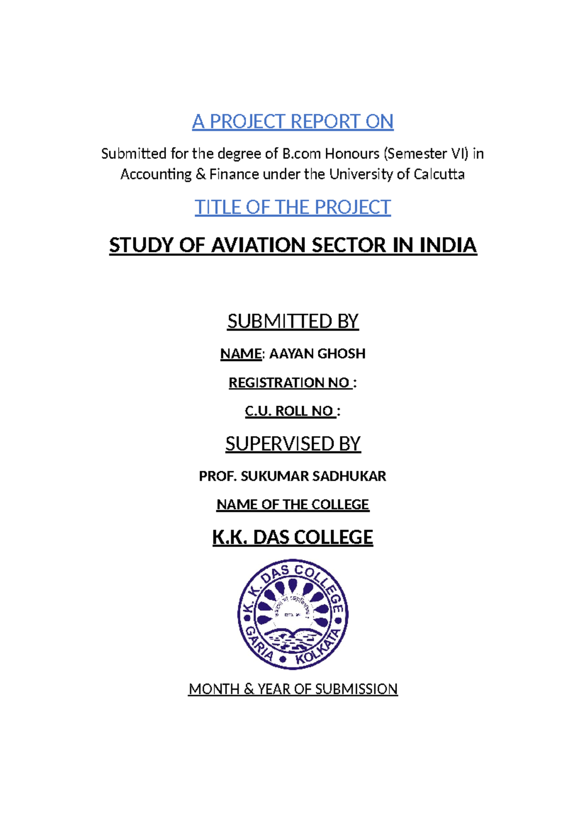 Project - front page - Bachelors of Commerce - A PROJECT REPORT ON ...