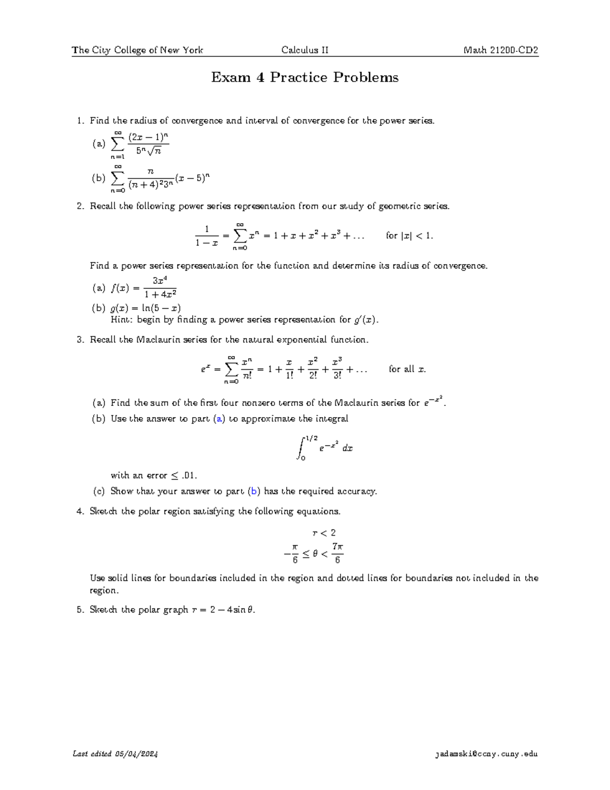 Practice Exam 4 for Calculus II Math 21200-CD: Convergence & Series ...