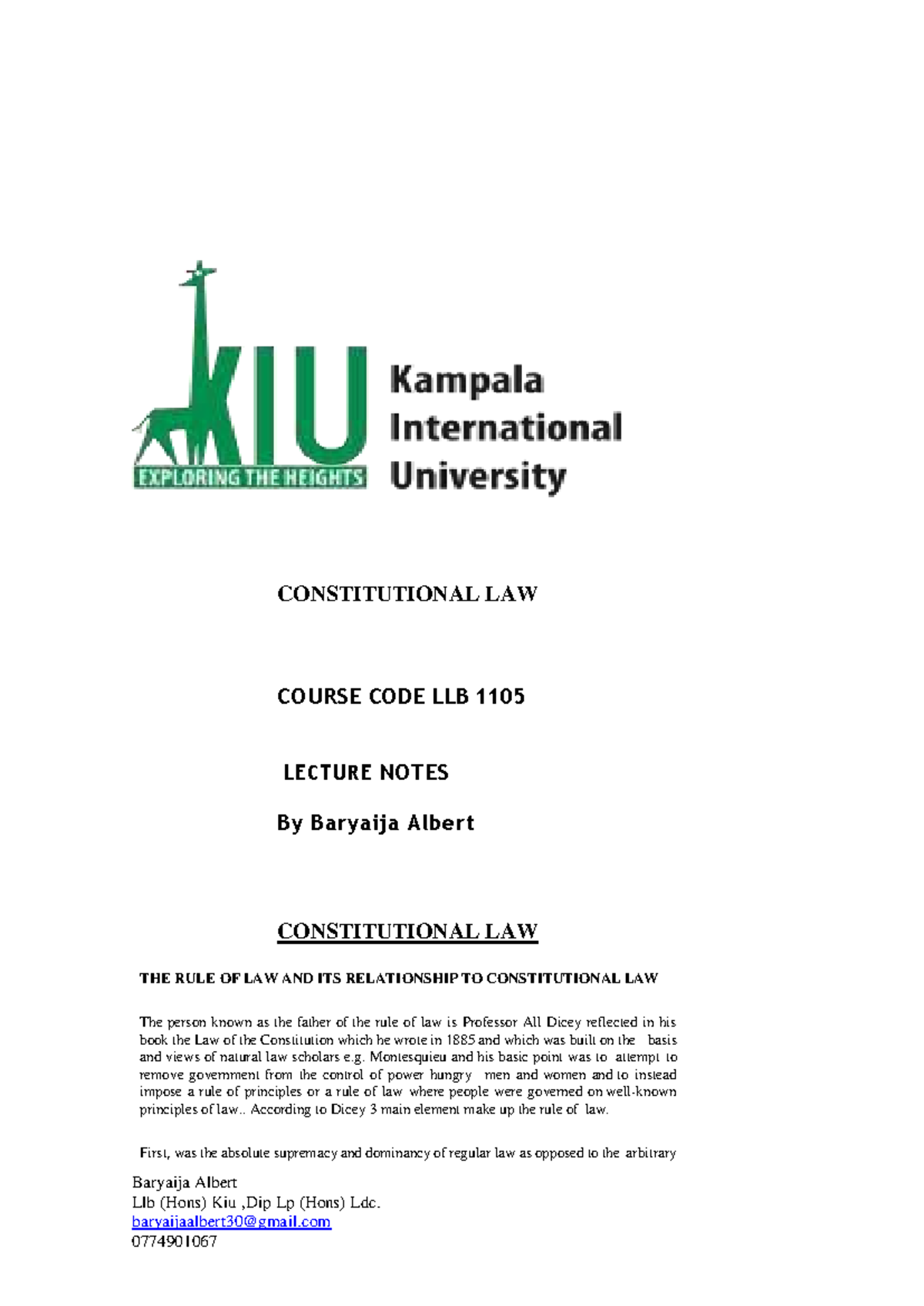 Constitutional Law LLB 1105 Lecture Notes: The Rule of Law Explained ...