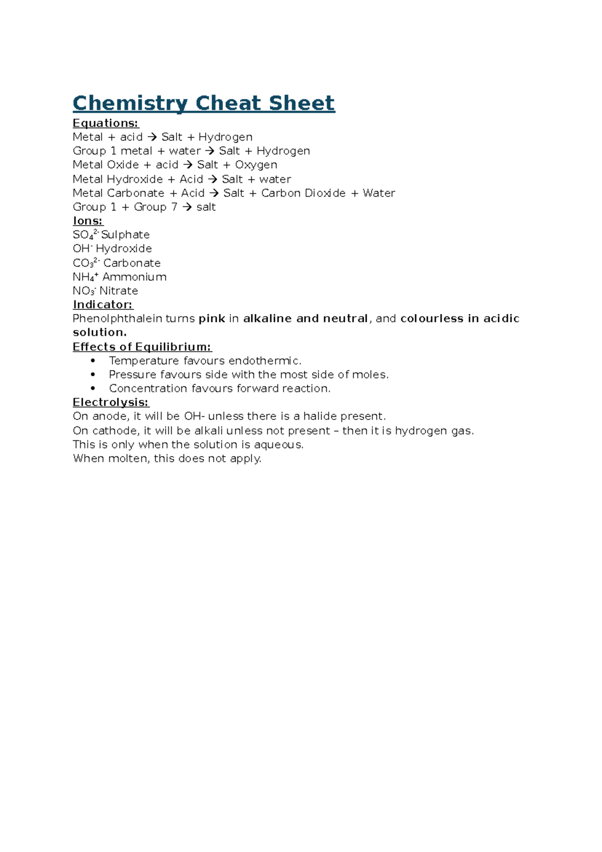 Chemistry 101: Final Exam Cheat Sheet on Key Equations & Concepts - Studocu