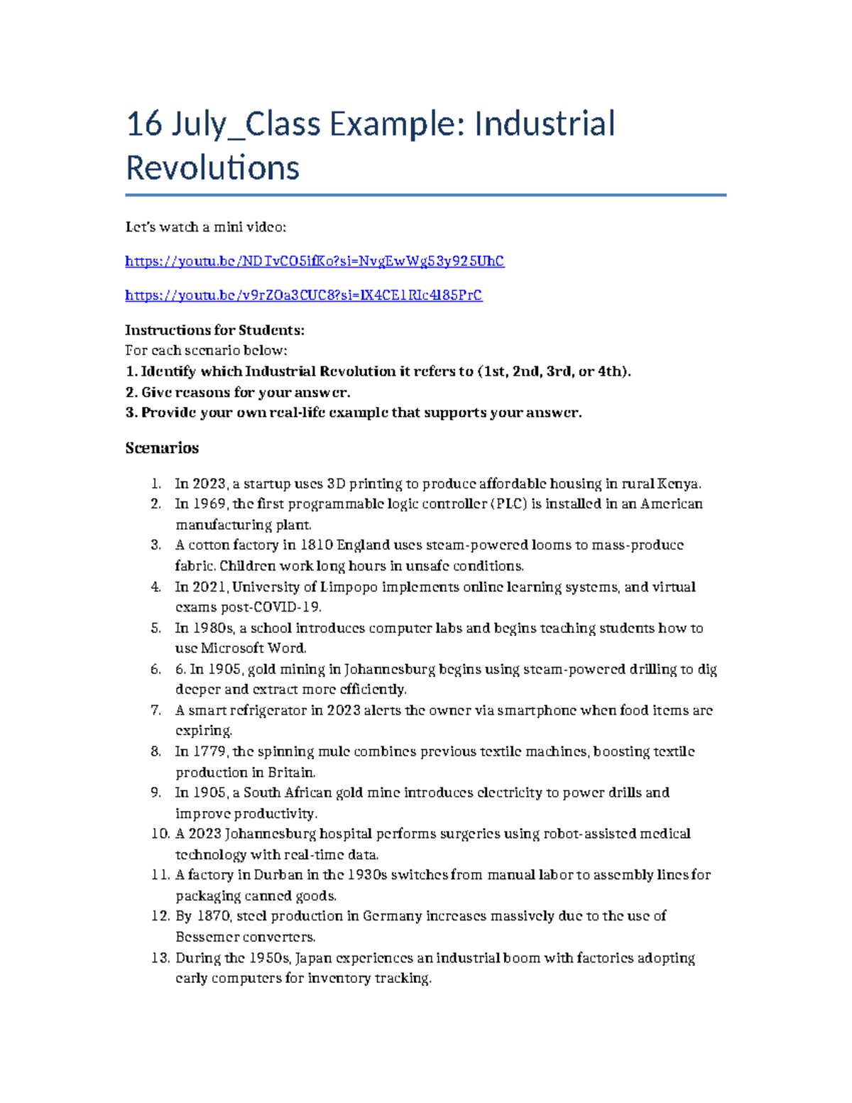 16 July_Class Example: Scenarios of Industrial Revolutions - Studocu