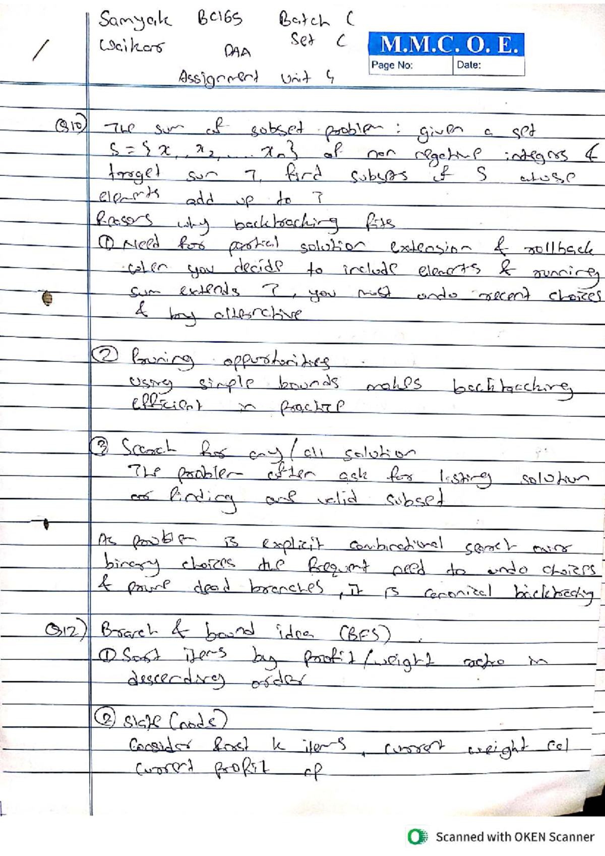 DAA Assignment Unit 4: Subset Problem & Backtracking Techniques - Studocu