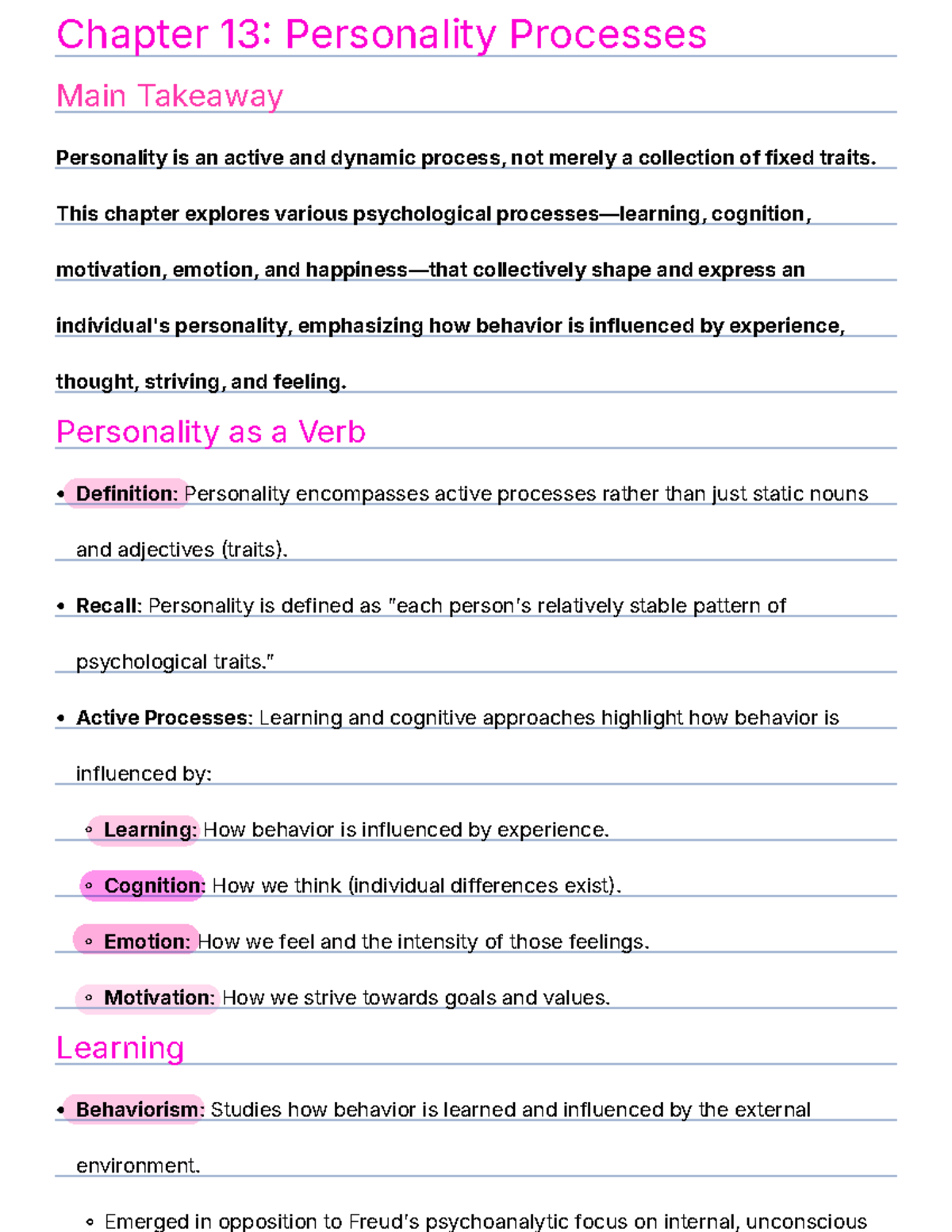2130 Chapter 13 Study Guide: Key Points on Personality Processes - Studocu