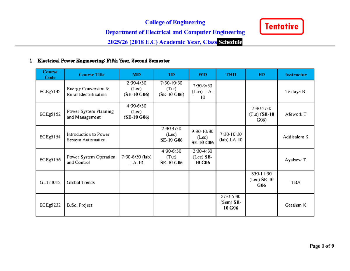 Final Class Schedule for ECEg Courses - 2018 E.C Academic Year - Studocu