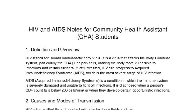 HIV & AIDS Overview: Essential Notes for CHA Students - Studocu