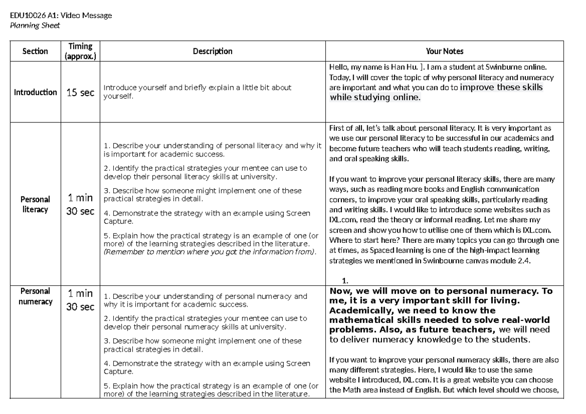 EDU10026 A1 Planning Sheet competed - EDU10026 A1: Video Message ...