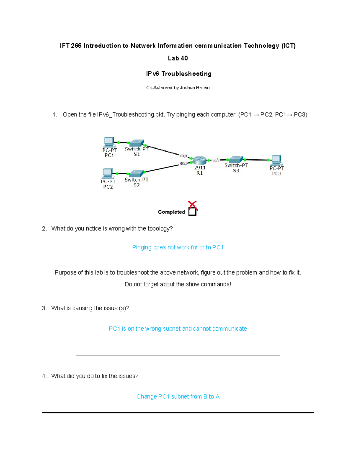 Lab 40: Troubleshooting IPv6 Network Issues in IFT 266 - Studocu