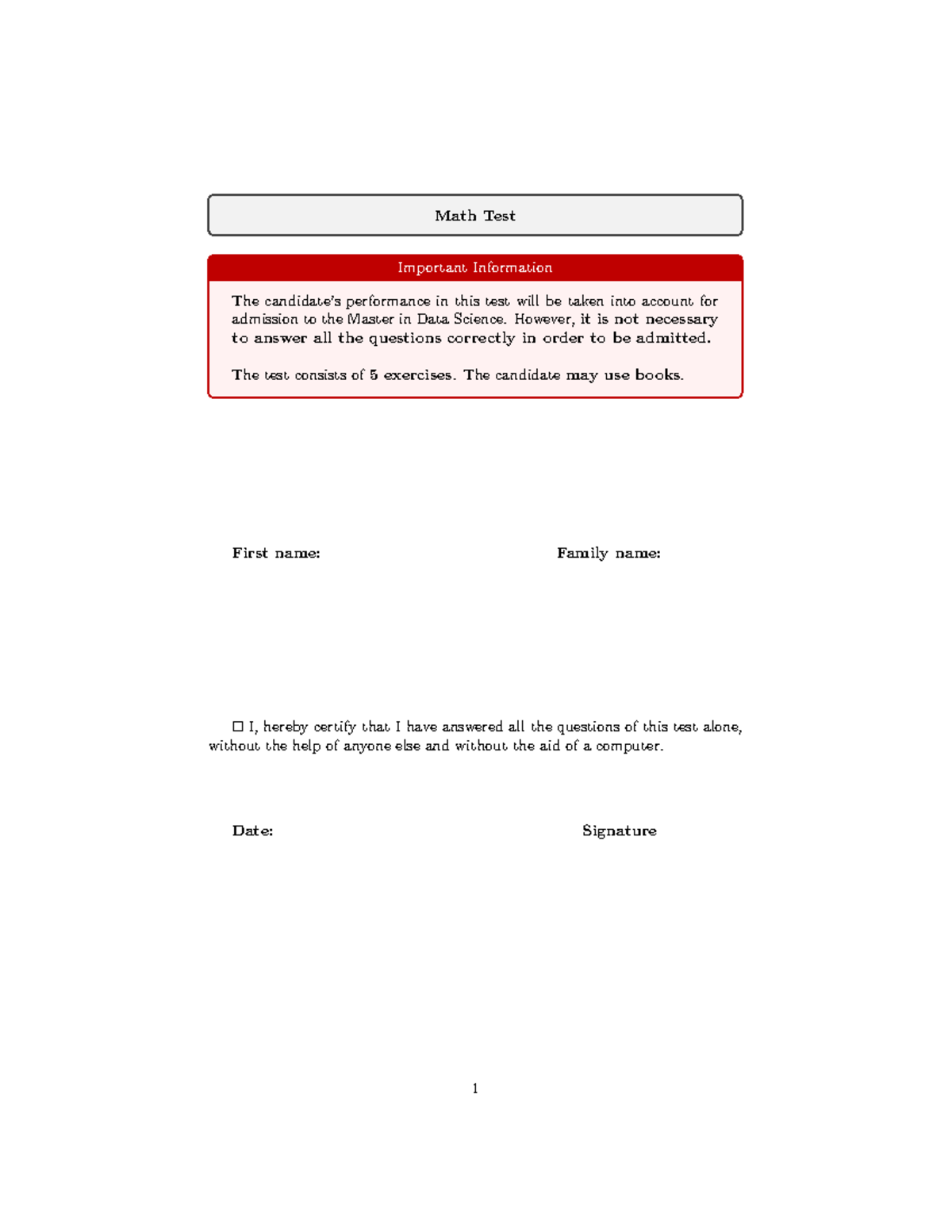Math Test - Master in Data Science Admission Evaluation - Studocu