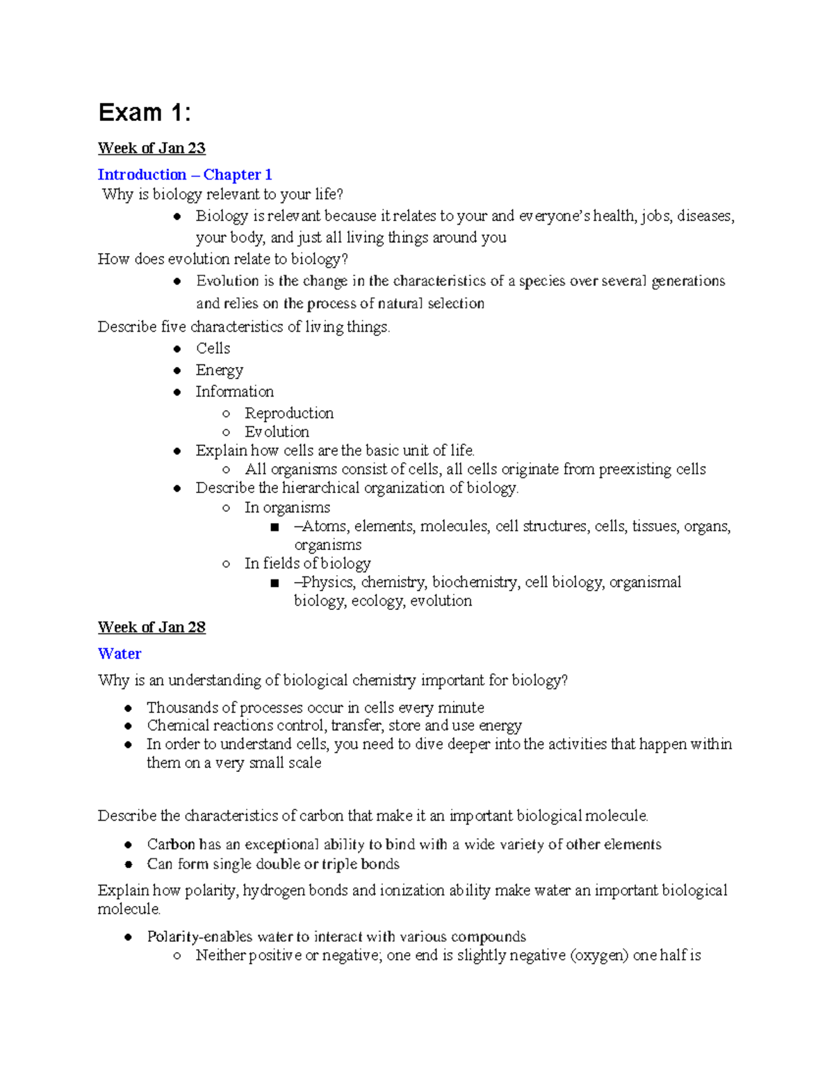 BIO 101 Study Guide: Exam 1 Overview and Key Concepts - Studocu