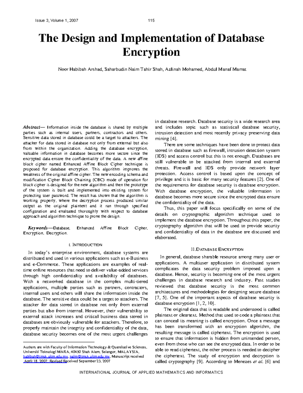 Encryption project - Abstract— Information inside the database is ...