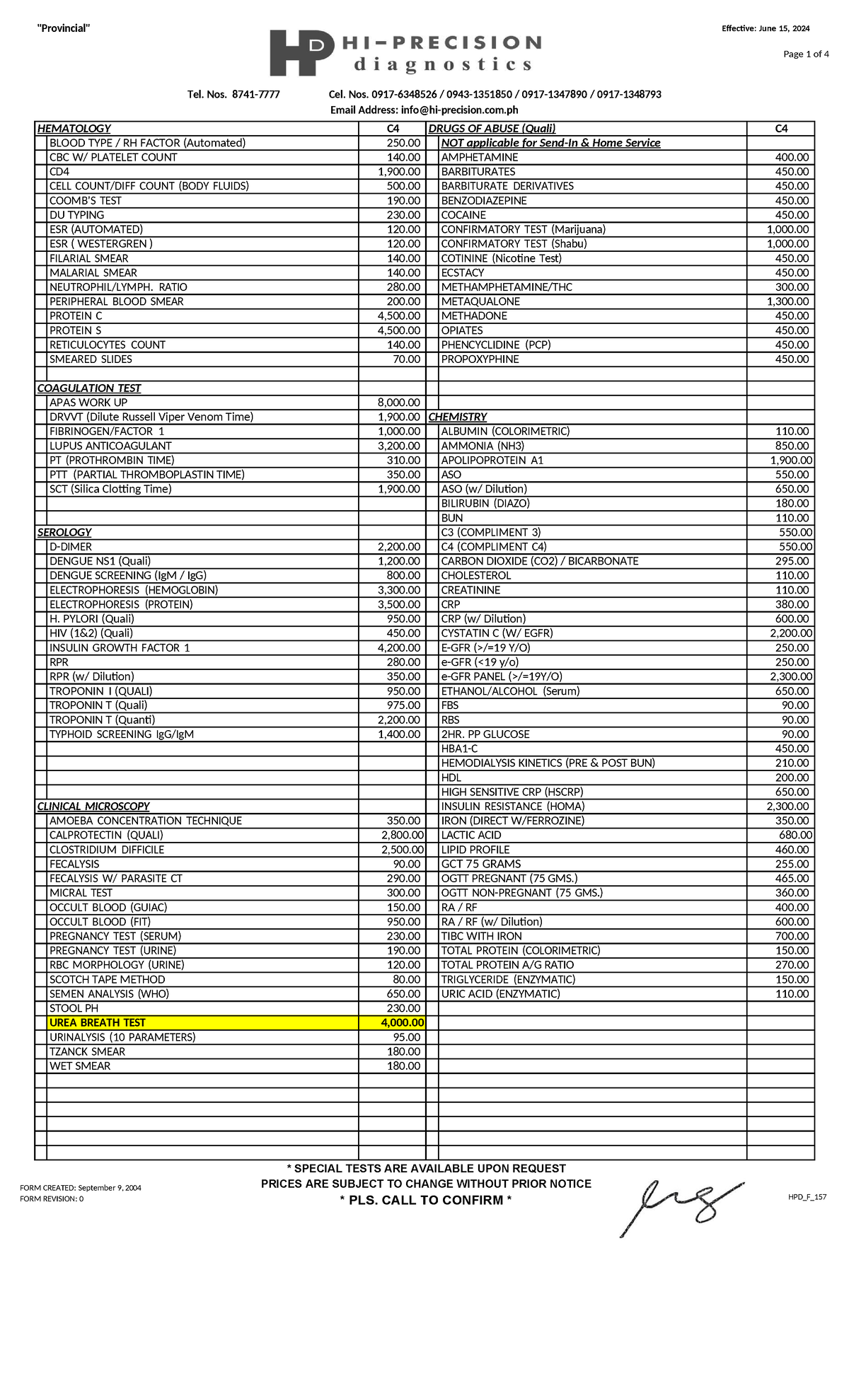 HI-Precision Laboratory Test Pricelist (Effective June 15, 2024) - Studocu