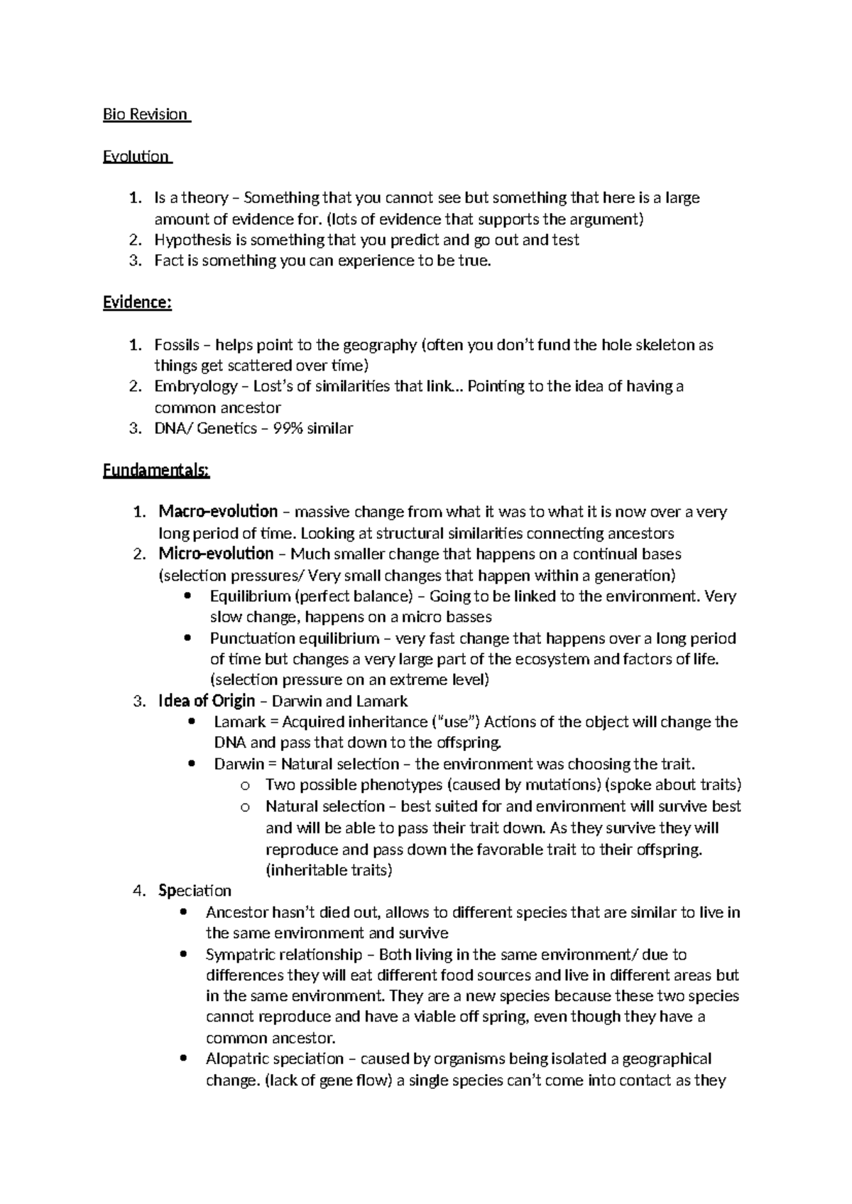 Bio Revision - Evolution high school notes. - Bio Revision Evolution 1 ...