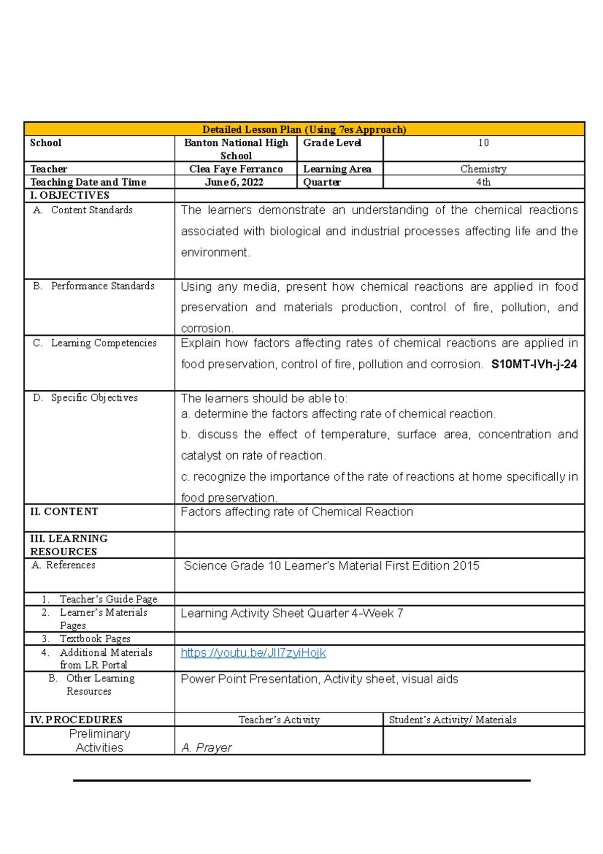Chemistry Lesson Plan: Factors Affecting Chemical Reactions S10MT-IVh-j ...