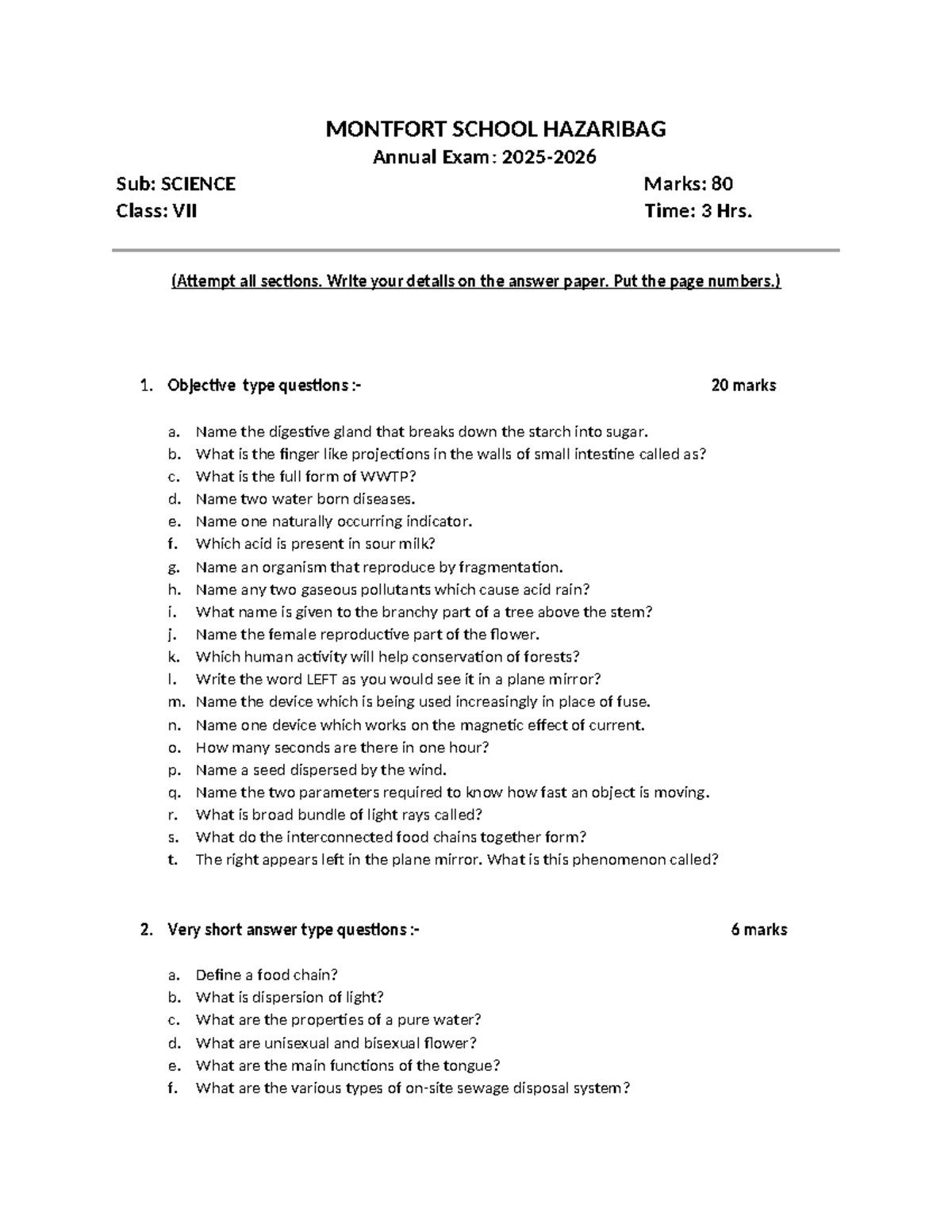 Class 7 Science Annual Exam 2025-2026 Question Paper - Studocu