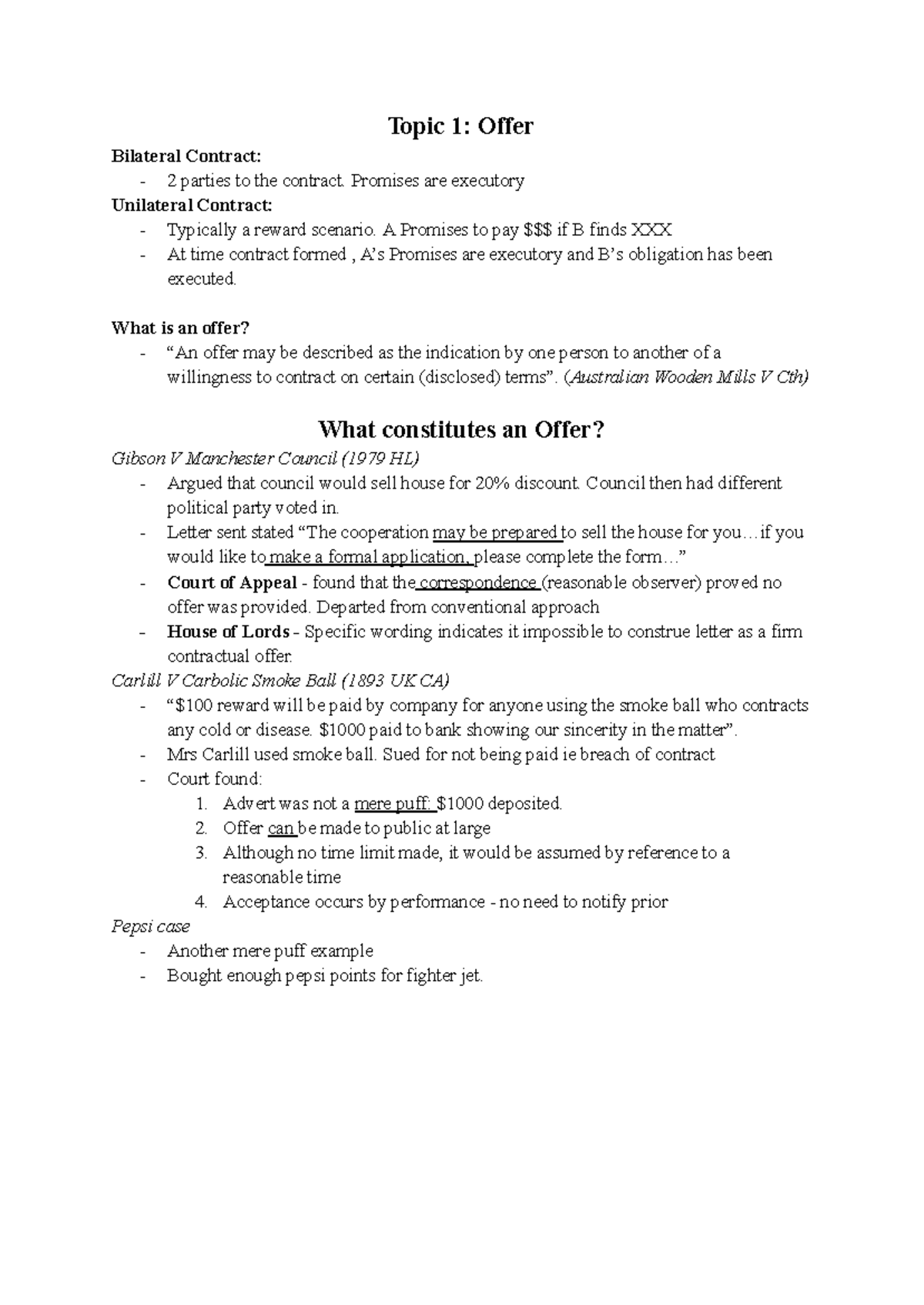 LAW2012 Notes: Understanding Offers in Bilateral and Unilateral ...
