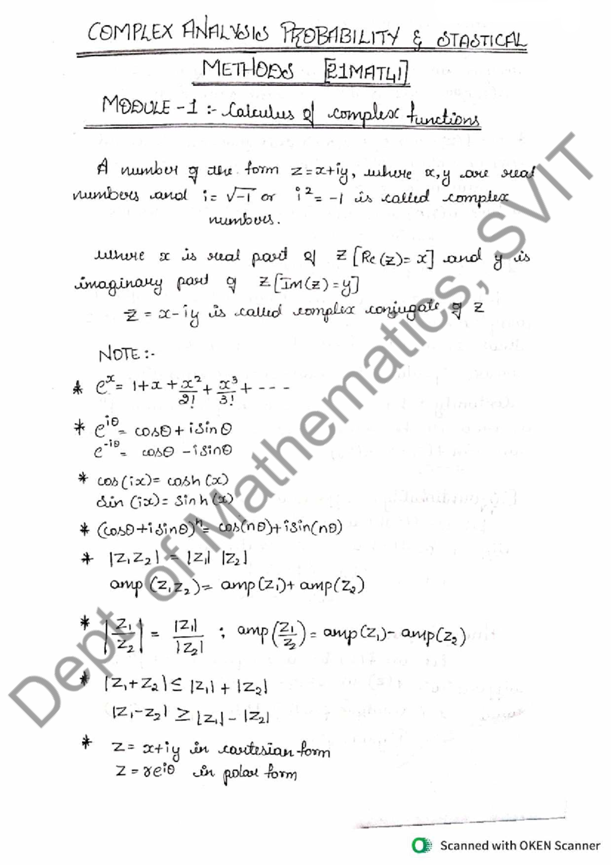 Module 1 - Calculus of Complex Functions Notes (Complex Analysis) - Studocu