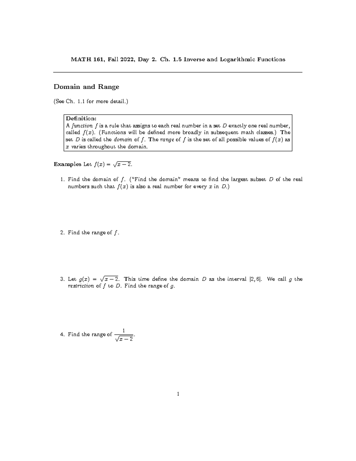 MATH 161: Inverse & Logarithmic Functions Notes (Ch. 1.5) - Studocu