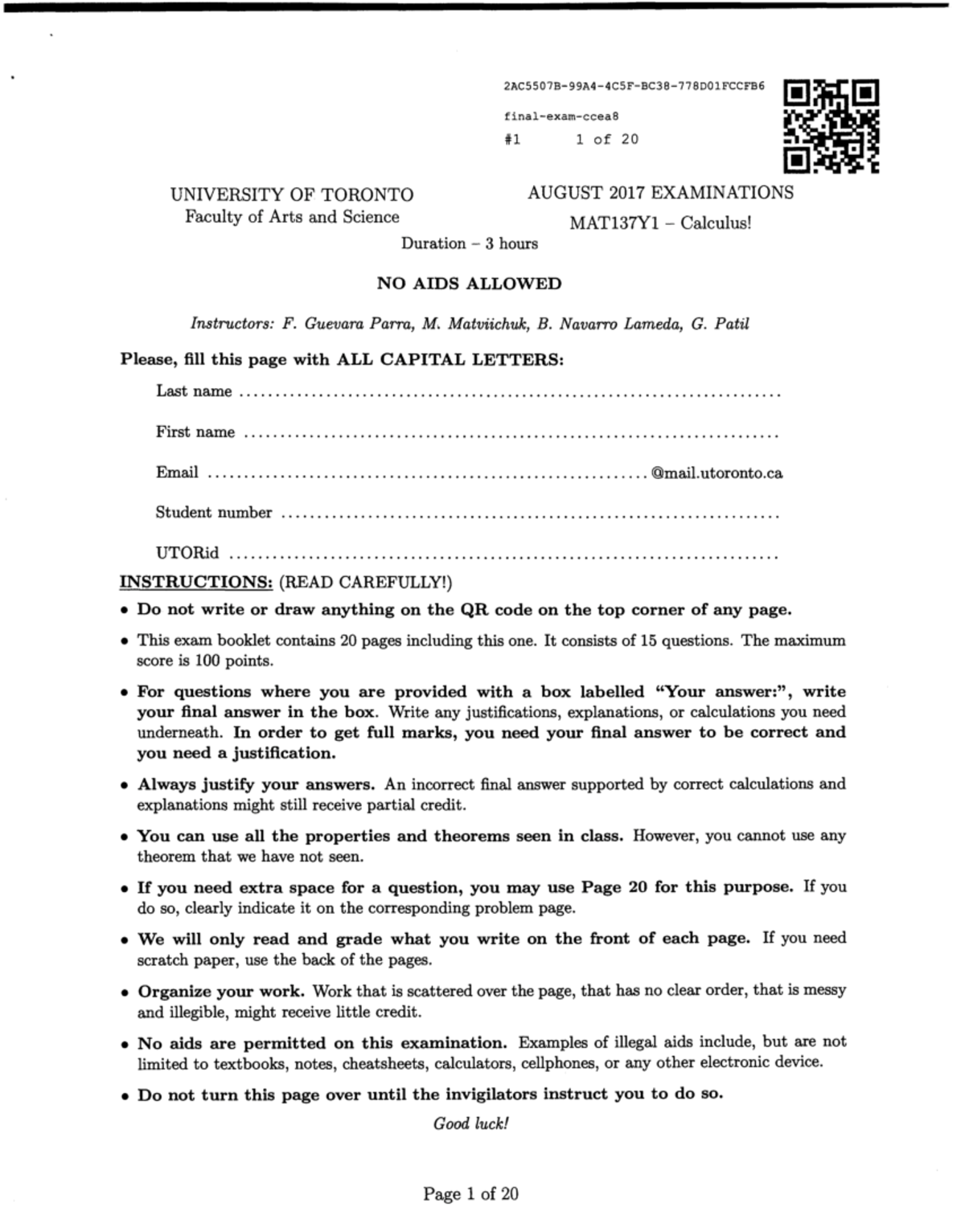 MAT137Y1 - 2017 Final Exam - Calculus - University of Toronto - Studocu