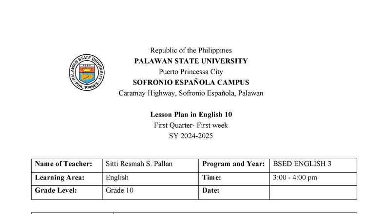 Final Lesson Plan for EL 19: English 10 on Filipino Women in War - Studocu
