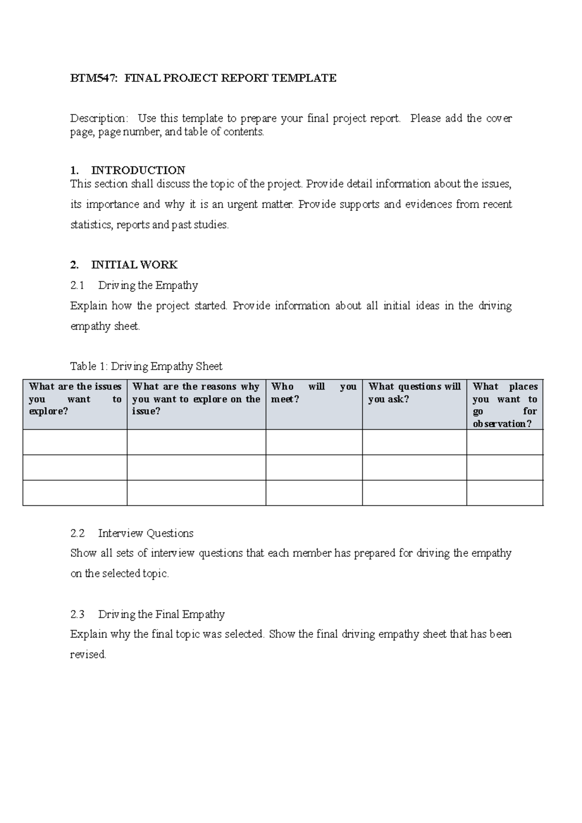 BTM547: Final Project Report Structure and Guidelines - Studocu