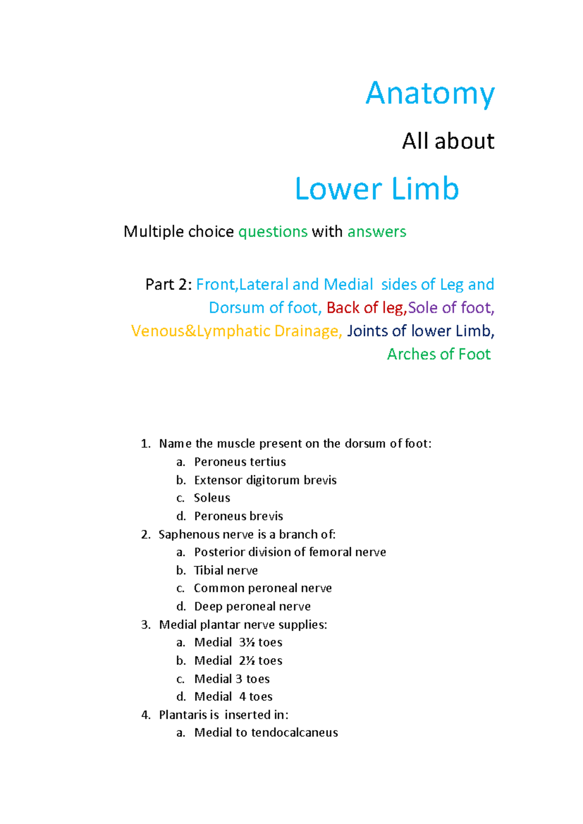 Lower Limb Anatomy MCQs Part 2: Leg & Foot - Ccode: ANAT101 - Studocu