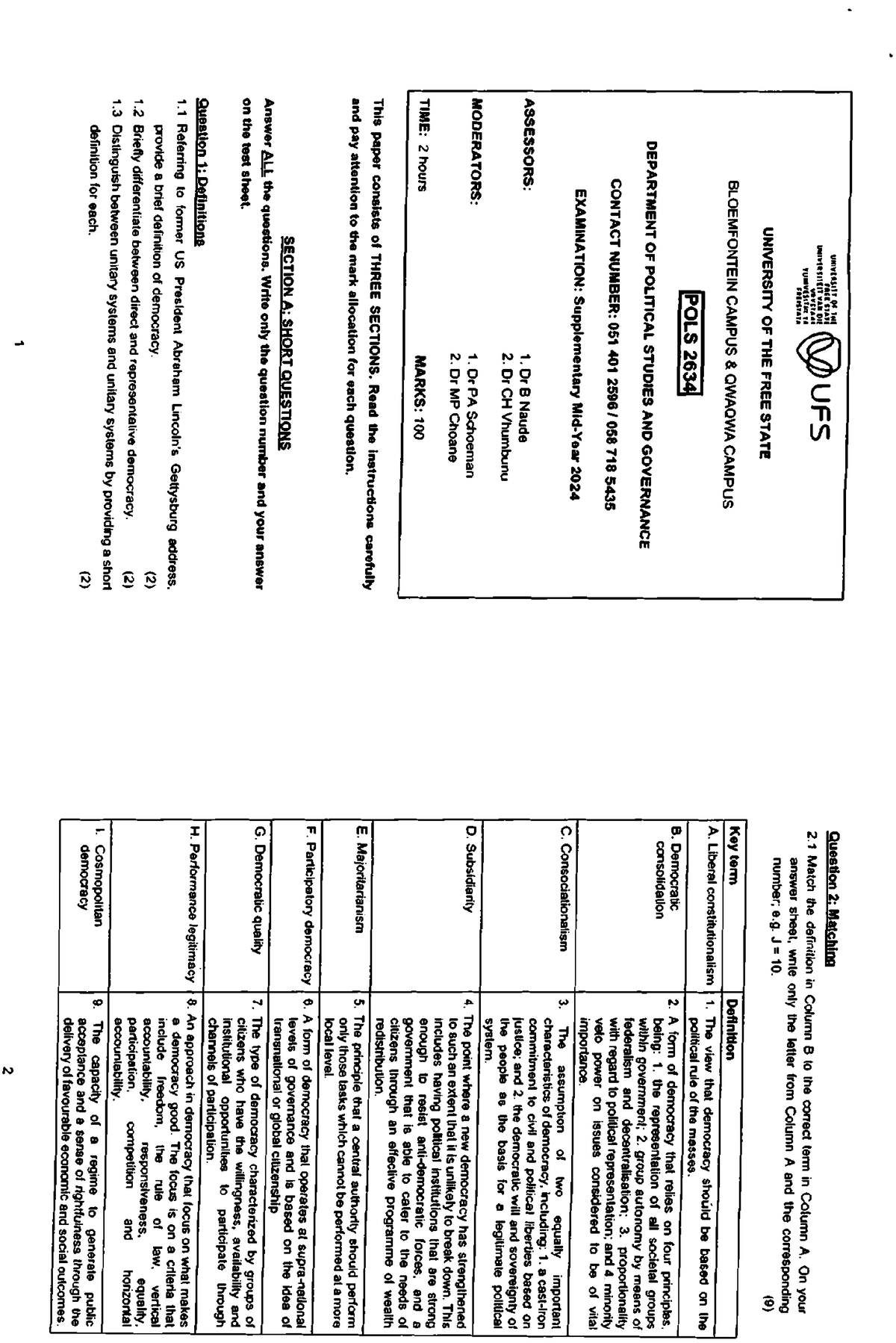 POLS 2634 supplementary exam: Matching definitions and essay questions ...