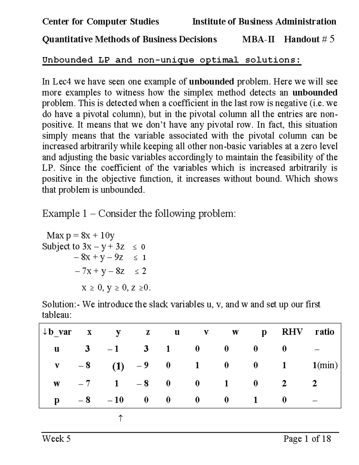 Lec 5 - Quantitative Methods of Business Decisions MBA-II Handout #5 ...