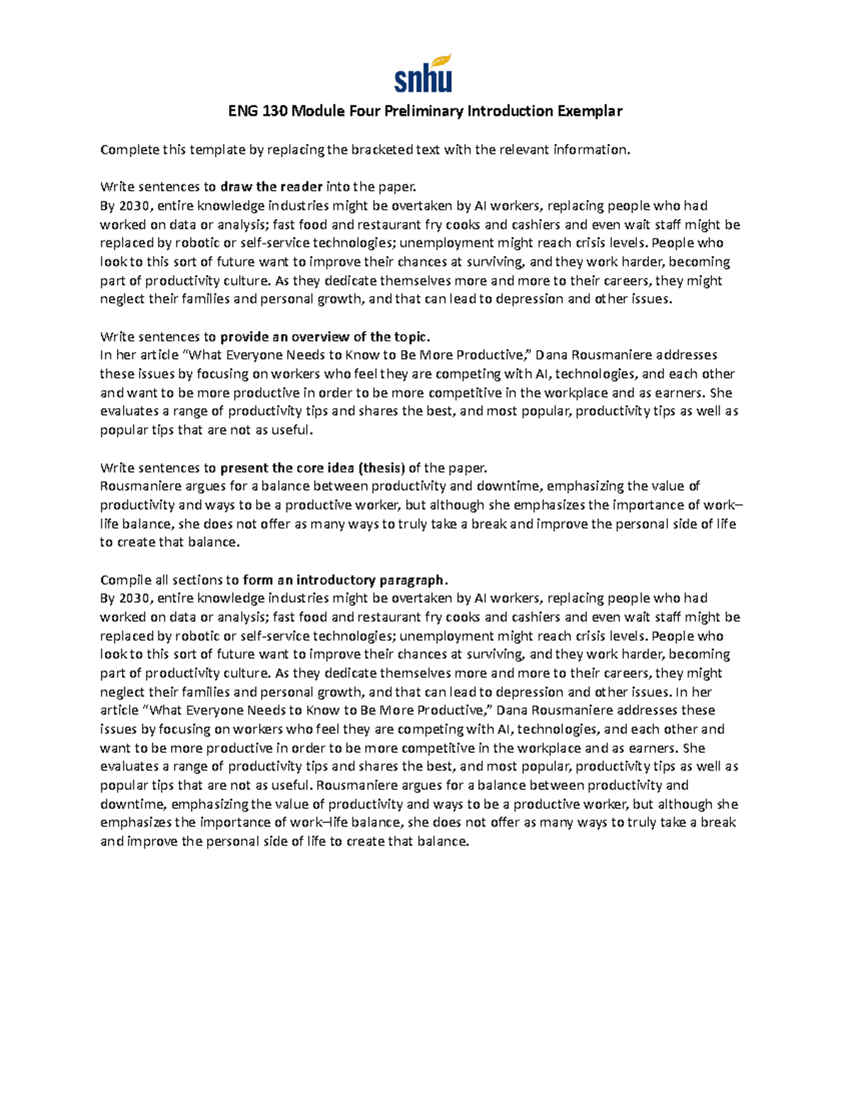 ENG 130 Module Four Preliminary Introduction Exemplar - Write sentences ...