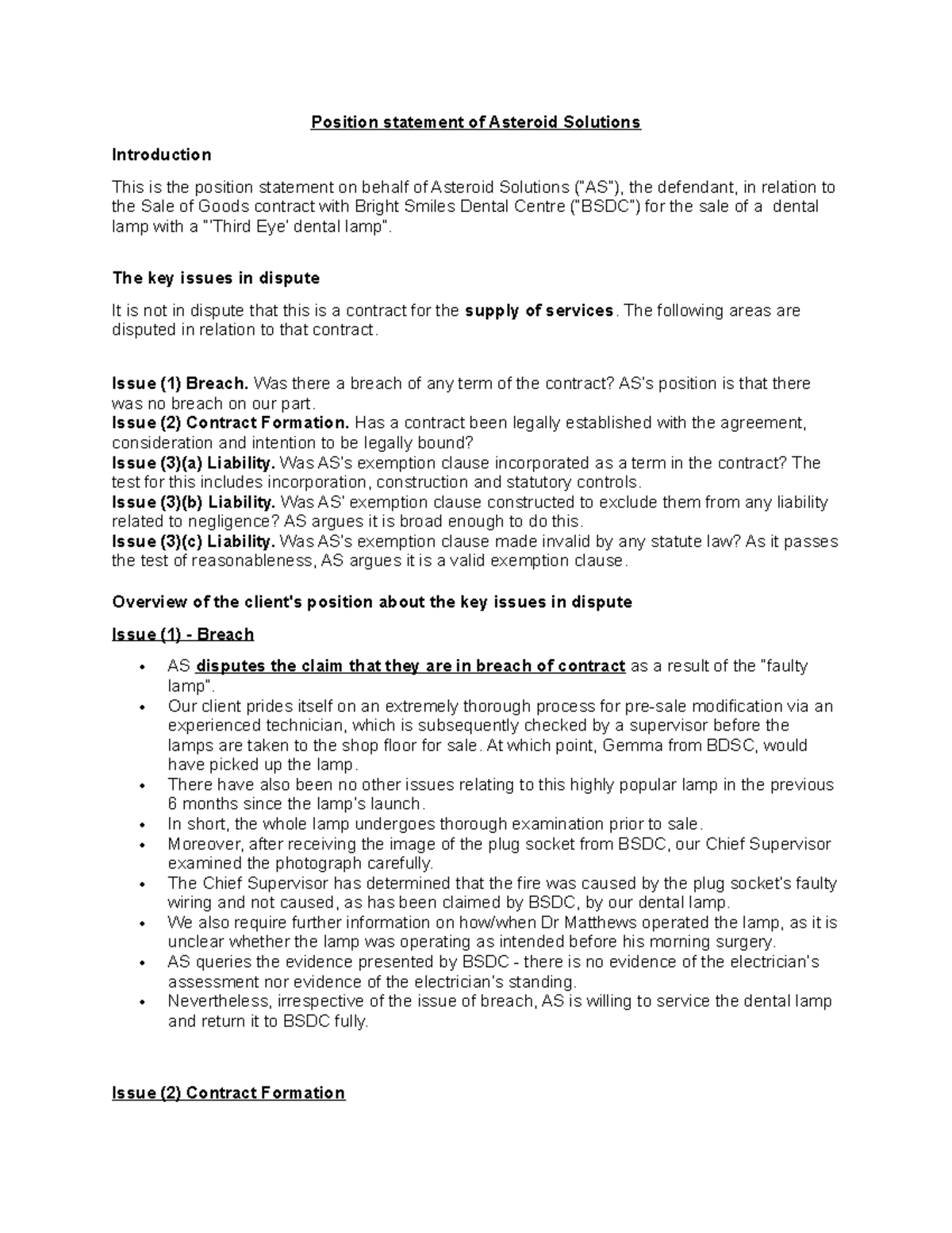 AS Defence: Position Statement on Contract Law with BSDC - Studocu