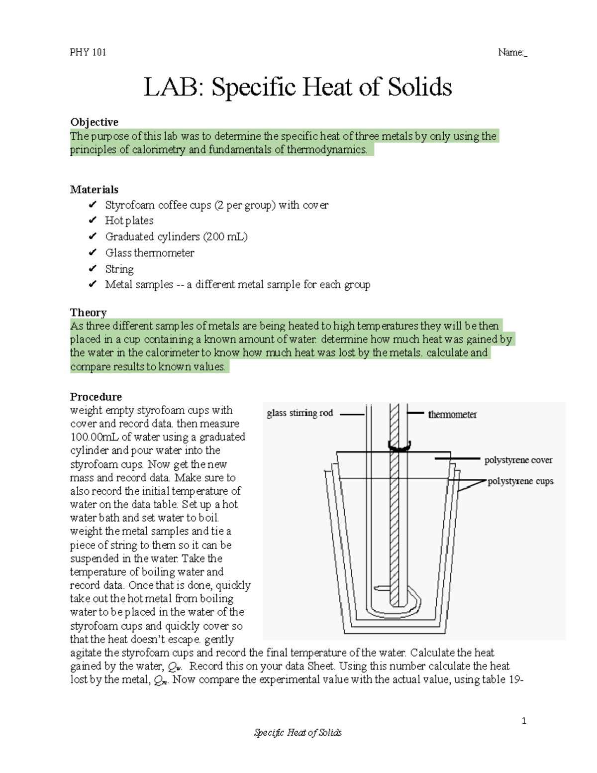 PHY 101 Lab Report: Specific Heat of Metals Determination - Studocu