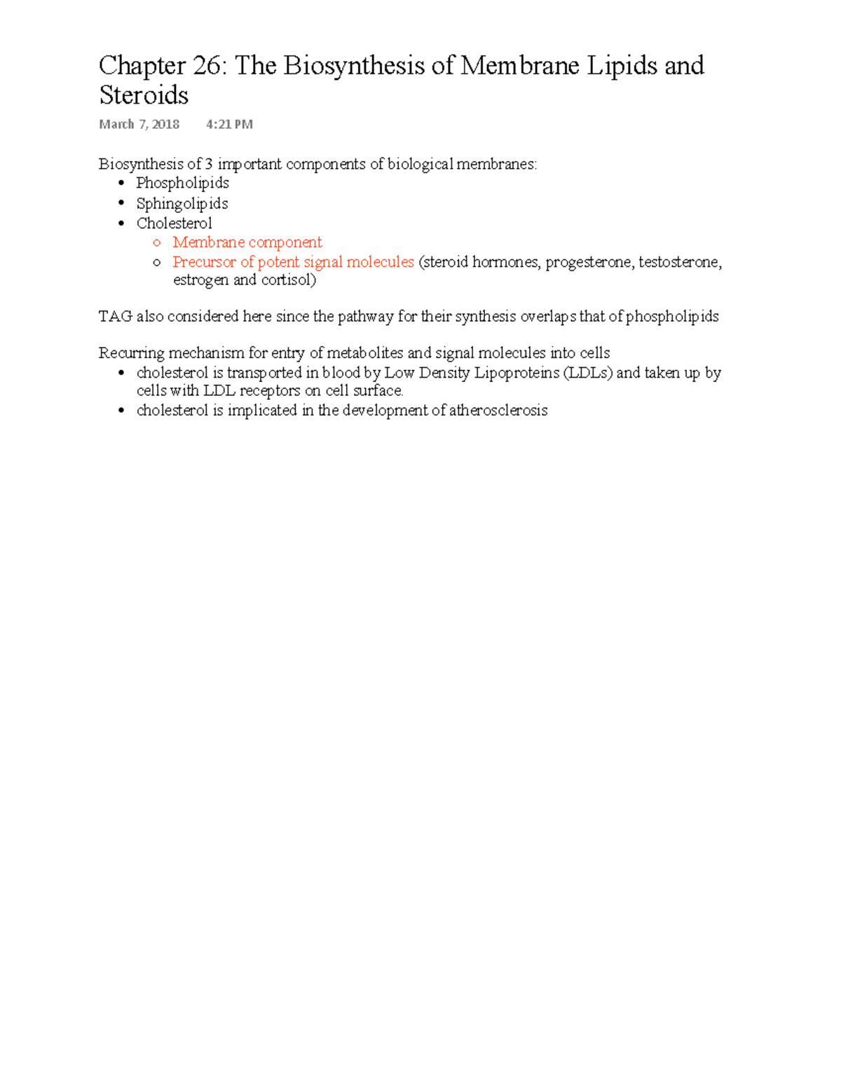 CH26 Notes - Chapter 26: The Biosynthesis of Membrane Lipids and ...