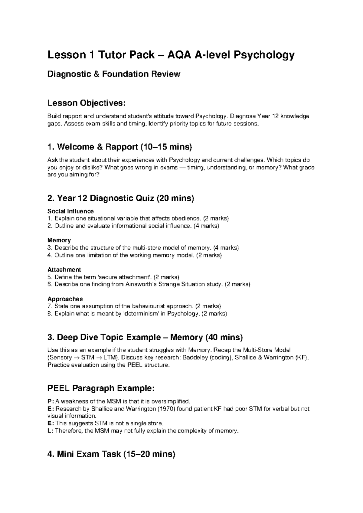 Lesson 1 Tutor Pack: AQA Psychology Diagnostic Review & Objectives ...