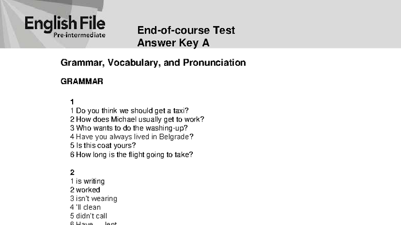 Test Answer Key: English File 4th Ed. Pre-Intermediate - Document Preview