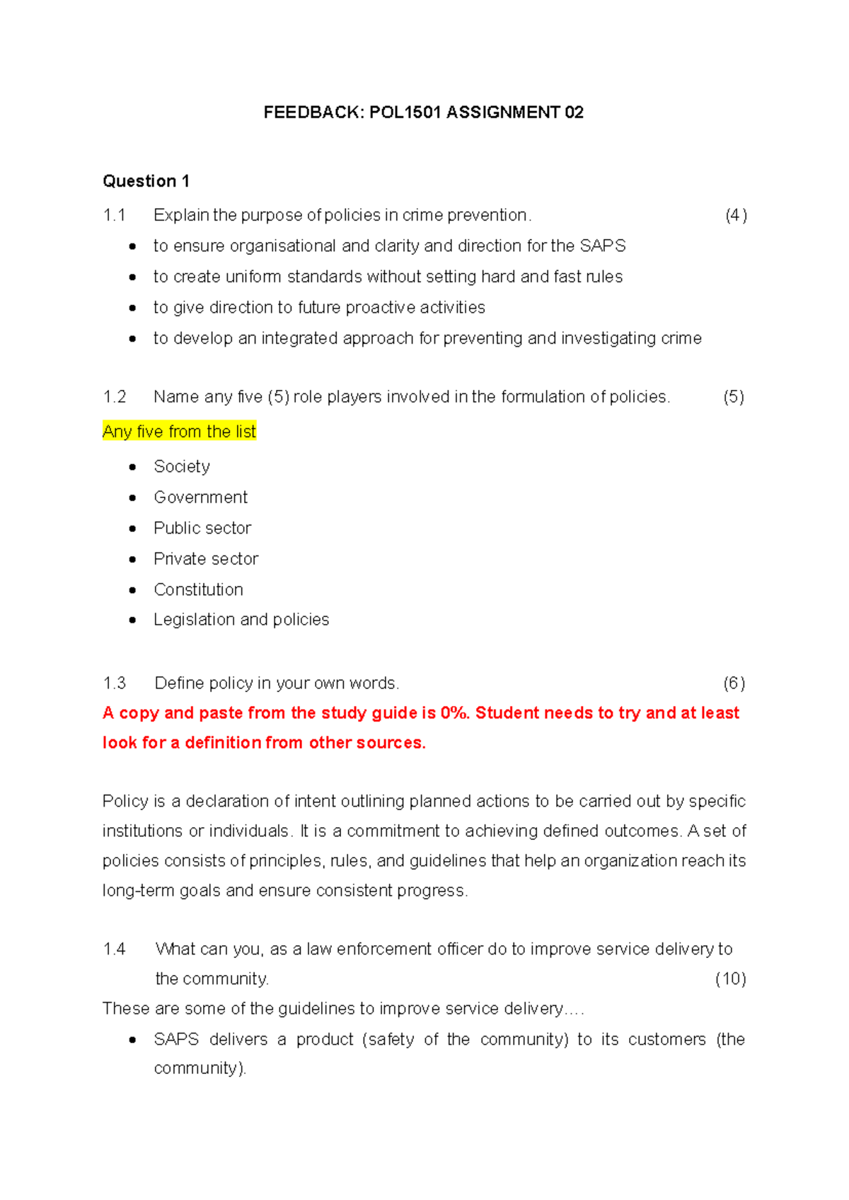 Feedback on POL1501 Assignment 02: Crime Prevention Policies and ...