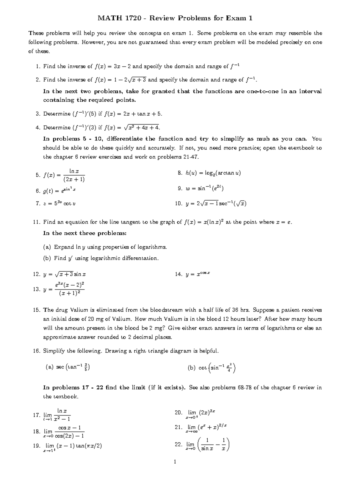 MATH 1720 - Review Problems for Exam 1 - Spring 2024 - Studocu