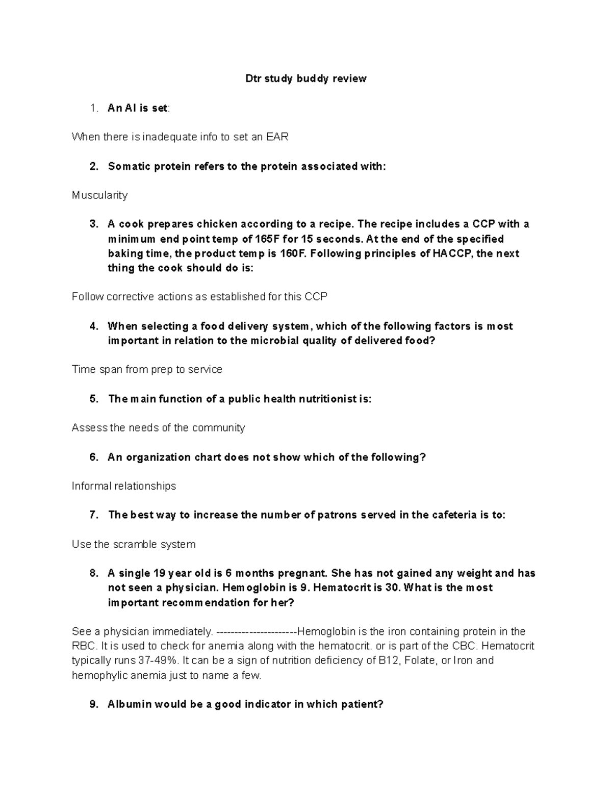 DTR Exam Review Sheet - Dietetic Technician Study Buddy Part 1 - Studocu