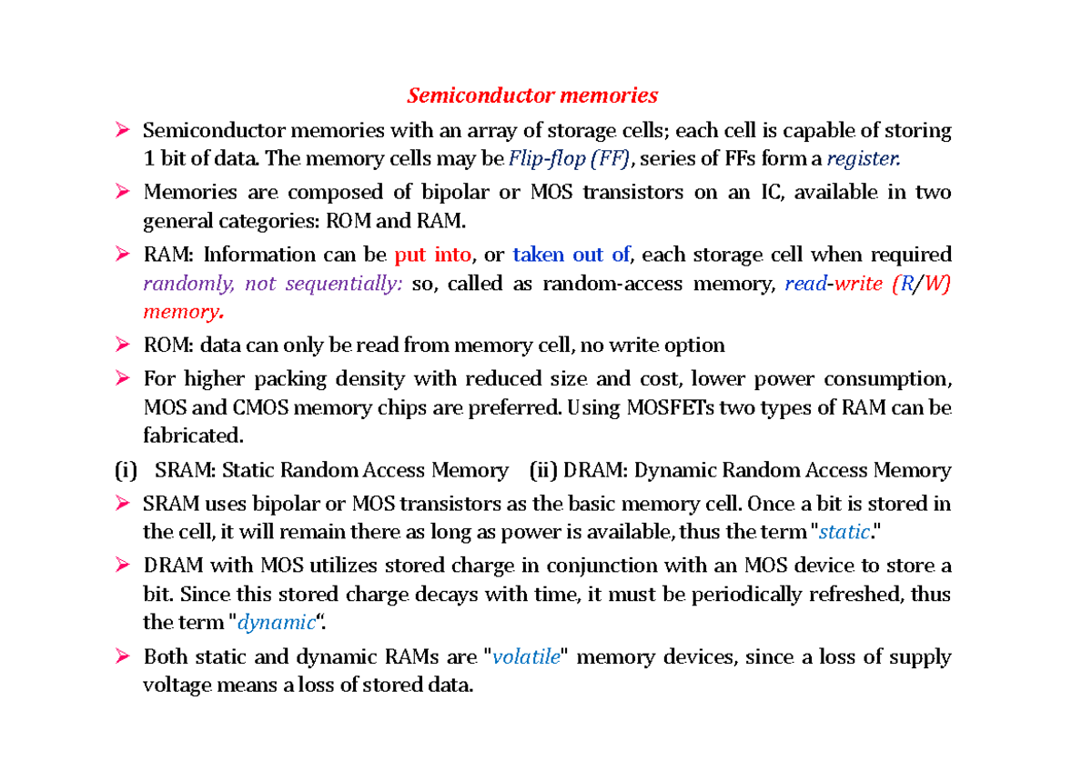 Electronics Notes for BCS: Understanding Semiconductor Memories - Studocu