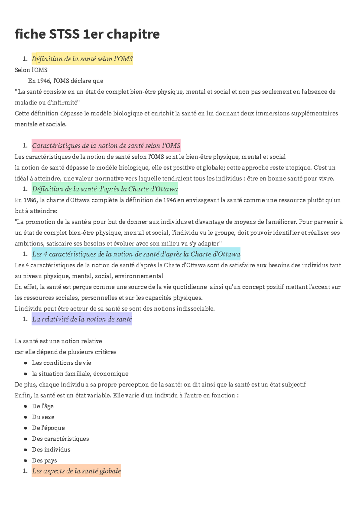 Fiche STSS Chapitre 1 : Définitions et Caractéristiques de la Santé ...