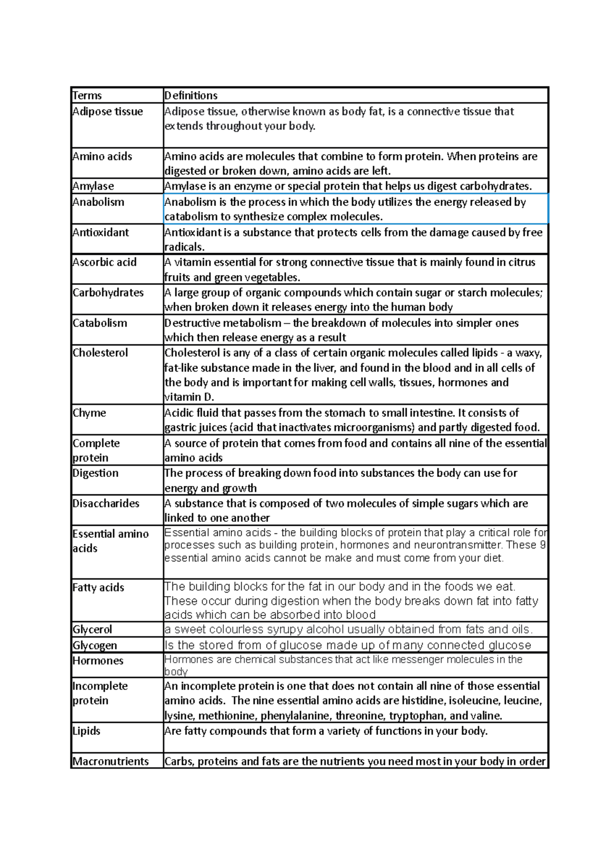 ANAT 101: Glossary of Key Terms and Definitions in Anatomy - Studocu