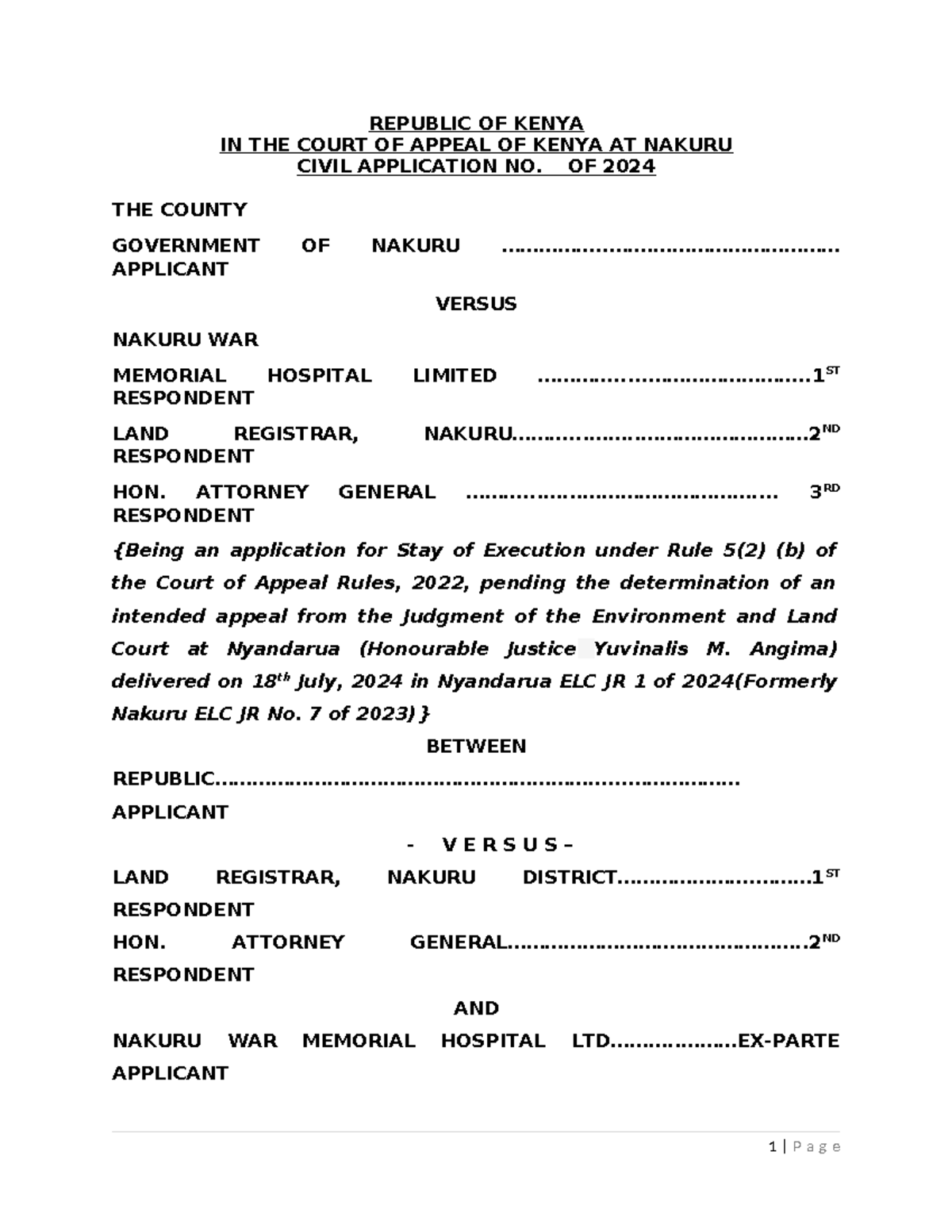 Stay of Execution Application under Rule 5(2)(b) - Nakuru Civil Case ...