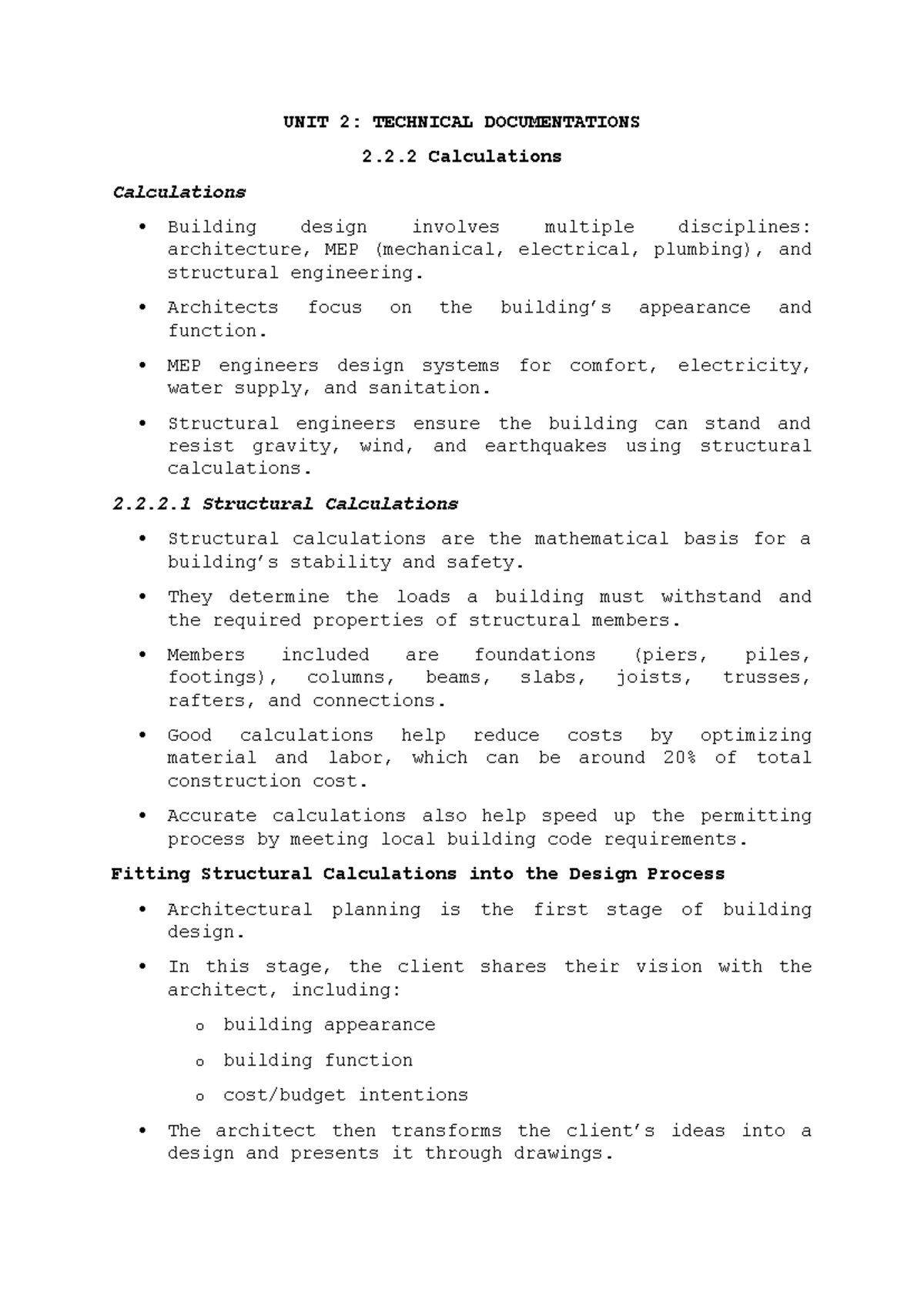 UNIT 2: TECHNICAL DOCUMENTATIONS - 2.2.2 Calculations Summary - Studocu