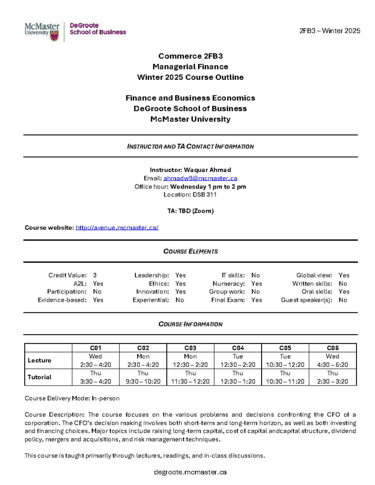 Course Outline COM 2FB3 Winter 2025 Commerce 2FB Managerial Finance