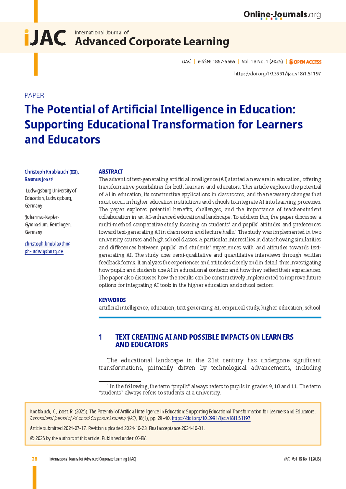 JAC 18.1 (2025) - AI in Education: Transforming Learning for Students ...